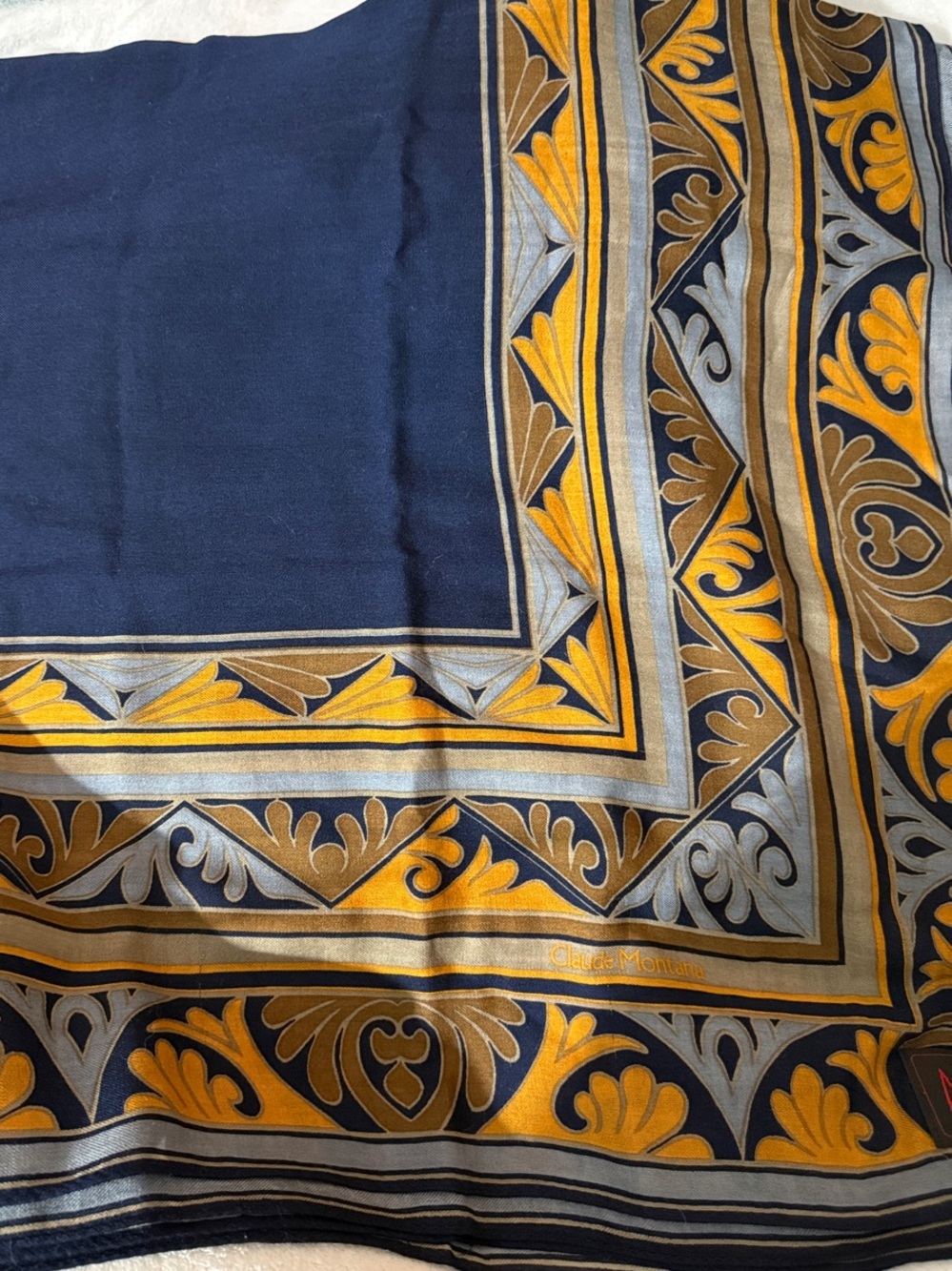 Vintage Navy and Gold Ornamental Border Scarf /48/48 inches